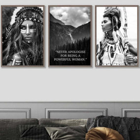 Set of 3 Warrior Women Photo Art Quote Wall Art Prints / 50x70cm / Walnut Frame