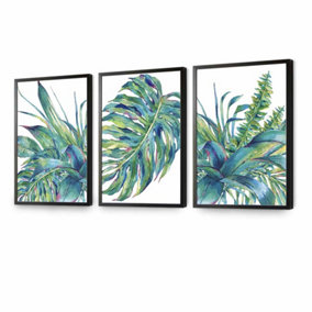 Set of 3 Watercolour Green Blue Tropical Leaves Wall Art Prints / 42x59cm (A2) / Black Frame