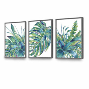 Set of 3 Watercolour Green Blue Tropical Leaves Wall Art Prints / 42x59cm (A2) / Dark Grey Frame