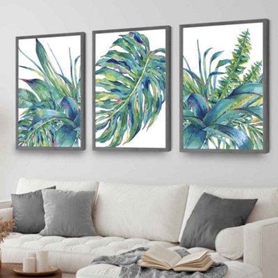 Set of 3 Watercolour Green Blue Tropical Leaves Wall Art Prints / 42x59cm (A2) / Dark Grey Frame