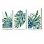 Set of 3 Watercolour Green Blue Tropical Leaves Wall Art Prints / 42x59cm (A2) / White Frame