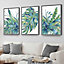 Set of 3 Watercolour Green Blue Tropical Leaves Wall Art Prints / 42x59cm (A2) / White Frame