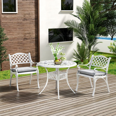 Set of 3 White Retro Cast Aluminum Garden Bistro Furniture Set Round Table and Chair Set with Cushions DIY at B Q