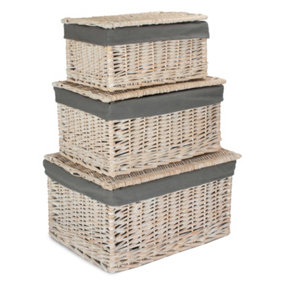 Set of 3 White Wash Steamed Cotton Lined Storage Basket