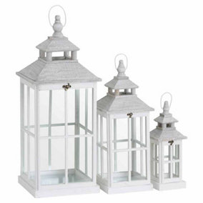 Set Of 3 White Window Style Lanterns With Open Top - L32 x W32 x H80 cm