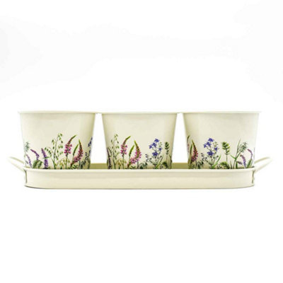 Set of 3 Wildflower Design Metal Planters with Tray