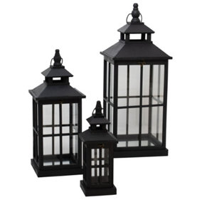 Set of 3 Window Style Lanterns with Open Top - Glass - L32 x W32 x H80 cm - Black