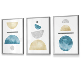 Set of 3 Yellow and Aqua Blue Abstract Mid Century Geometric Wall Art Prints / 30x42cm (A3) / Light Grey Frame