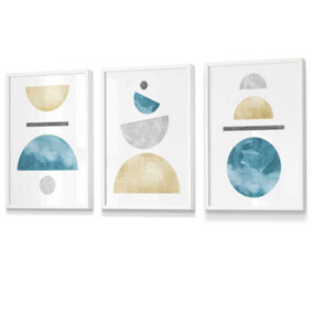 Set of 3 Yellow and Aqua Blue Abstract Mid Century Geometric Wall Art Prints / 30x42cm (A3) / White Frame