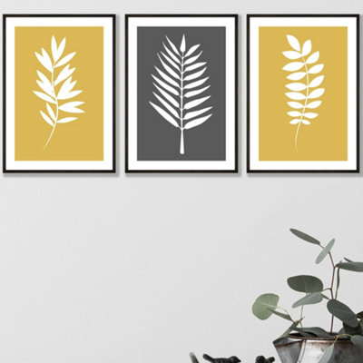 Set of 3 Yellow Grey Graphical Leaves Wall Art Prints / 30x42cm (A3) / Black Frame