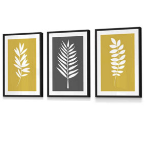 Set of 3 Yellow Grey Graphical Leaves Wall Art Prints / 30x42cm (A3) / Black Frame