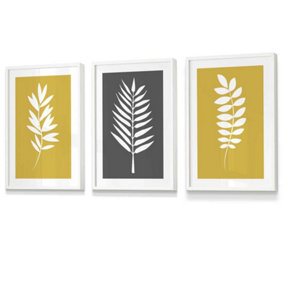 Set of 3 Yellow Grey Graphical Leaves Wall Art Prints / 30x42cm (A3) / White Frame