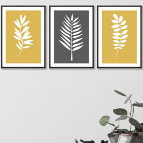 Set of 3 Yellow Grey Graphical Leaves Wall Art Prints / 42x59cm (A2) / Black Frame