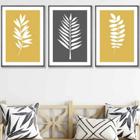 Set of 3 Yellow Grey Graphical Leaves Wall Art Prints / 42x59cm (A2) / Dark Grey Frame