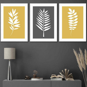 Set of 3 Yellow Grey Graphical Leaves Wall Art Prints / 42x59cm (A2) / White Frame