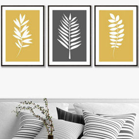 Set of 3 Yellow Grey Graphical Leaves Wall Art Prints / 50x70cm / Black Frame