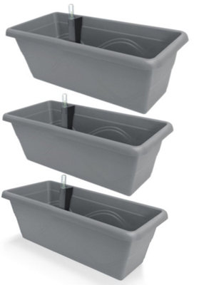 Set of 3x 400mm - Self-watering  planters, troughs, Flowerpots for balconies - with Vermiculite - W39 D21 H17cm, 7.8L - Stone Grey