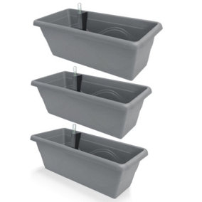 Set of 3x 400mm - Self-watering  planters, troughs, Flowerpots for balconies - with Vermiculite - W39 D21 H17cm, 7.8L - Stone Grey