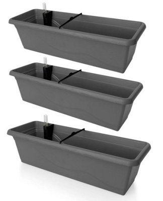 Set of 3x 600mm - Self-watering  planters, troughs, Flowerpots for balconies - W60 D21 H17cm, 12.4L - Self-watering - Anthracite
