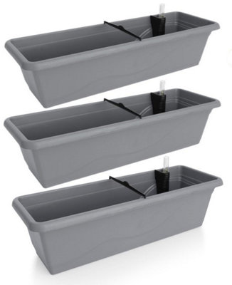 Set of 3x 600mm - Self-watering  planters, troughs, Flowerpots for balconies - with Vermiculite - W60 D21 H17cm,12.4L - Stone Grey
