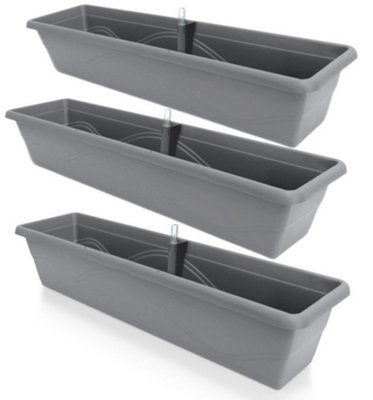 Set of 3x 800mm - Self-watering  planters, troughs, Flowerpots for balconies - with Vermiculite - W78 D21 H17cm,16.8L - Stone Grey