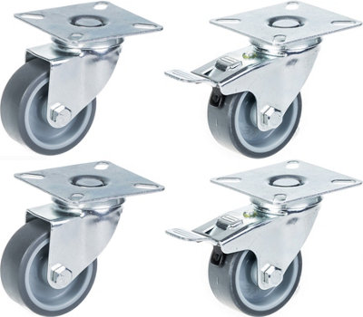 Set of 4 - 100 series swivel/brake castor 50mm grey TPR-rubber on polypropylene