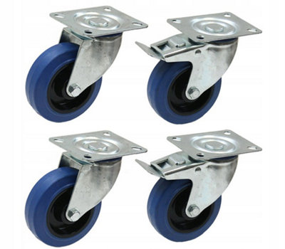 Set of 4 - 100mm BLUE ELASTIC SWIVEL CASTOR 150Kg & 100mm BLUE ELASTIC BRAKE CAS