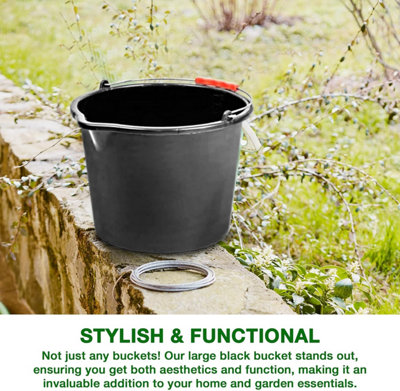 Set of 4 12L Gallon Black Plastic Bucket with Handles -Sturdy Water Bucket Big Bucket with Measuring - Ideal for Home and Garden - 7