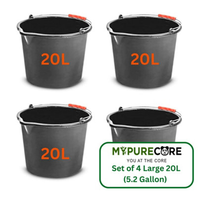 Set of 4 20L Gallon Black Plastic Bucket with Handles -Sturdy Water ...