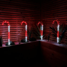 Set of 4 68cm Red & White Stripe Christmas Candy Cane Garden Stakes with LEDs