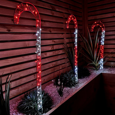 Set of 4 68cm Red & White Stripe Christmas Candy Cane Garden Stakes with LEDs