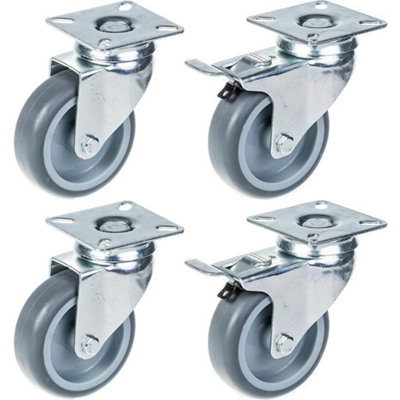 Set of 4 - 75mm GREY RUBBER SWIVEL CASTOR 70Kg (2pc) & 75mm GREY RUBBER BRAKE CA