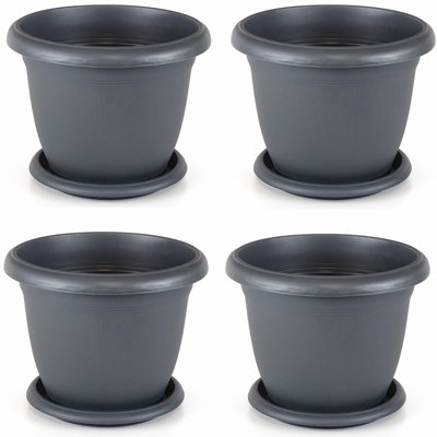 Set Of 4 Anthracite Round Plastic Plant Pot Garden Patio Flower Planter