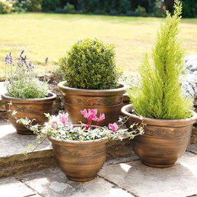 Set of 4 Antique Bronze Style Planters - Weather & UV Resistant Lightweight Durable Home or Garden Plant Pots - 2 Large & 2 Small