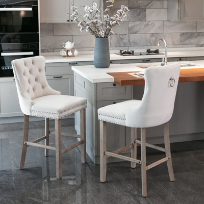 Set of 4 Bar Stools Kitchen Breakfast Barstools with Wooden Legs, Velvet Bar Chairs for Counter Beige