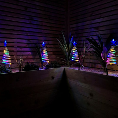 Set of 4 Battery Operated LED Multi Coloured Spiral Tree Path Lights Christmas Decoration with Timer