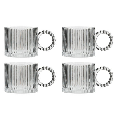 Set of 4 Bella Perle Ribbed Glass Coffee Mug Clear Tea Cups