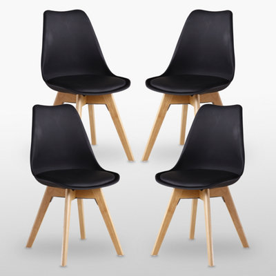 Set of 4  Black Scandinavian Dining Chairs with Leather Cushions Solid Wood Legs