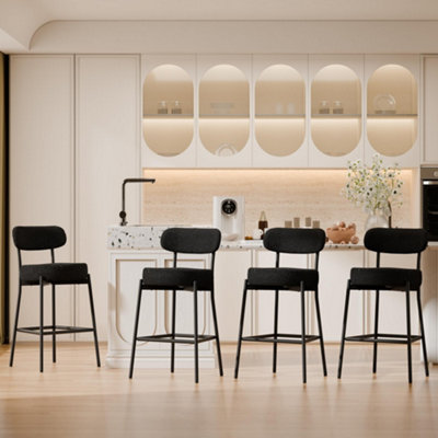 Set of 4 Black Teddy Fabric Upholstered Barstools, Kitchen Breakfast Barstools with Curved Backrest