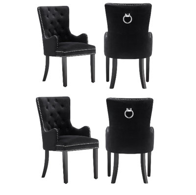 Set of 4 Black Velvet Dining Chairs with Armrest, Ergonomic Scoop Knockerback & Button Tufted Wood Legs