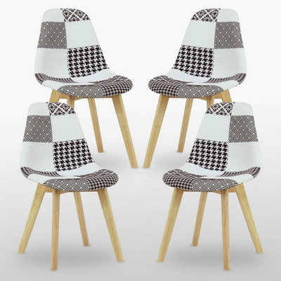 Set of 4 Black/White Patchwork Fabric Chairs with Wooden Legs, Modern Accent Chair for Living Room & Office