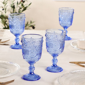 Set of 4 Blue Embossed Wine Goblets