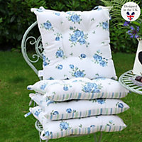 Set of 4 Blue Floral Cotton Outdoor Summer Garden Seat Pad Cushions