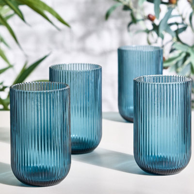 Set of 4 Blue Ribbed Tall Tumbler Whisky Glasses Wedding Decorations Ideas