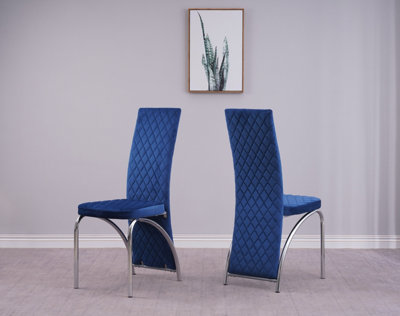 Set of 4 Blue Velet High Back Dining Chairs with Solid Chrome Legs