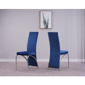 Set of 4 Blue Velet High Back Dining Chairs with Solid Chrome Legs
