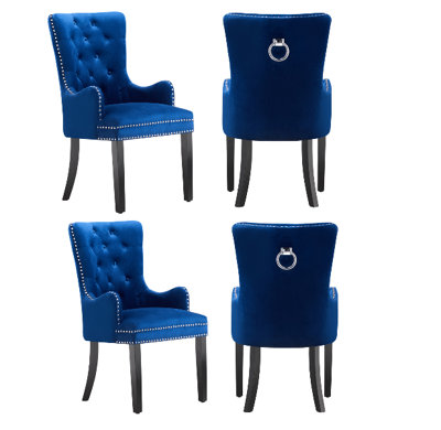 Set of 4 Blue Velvet Dining Chairs with Armrest, Ergonomic Scoop Knockerback & Button Tufted Wood Legs