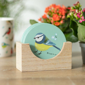 Set of 4 British Garden Birds Drink Coasters With Holder