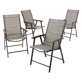 Set of 4 Brown Metallic Frame and Fabric Foldable Garden Chairs Set