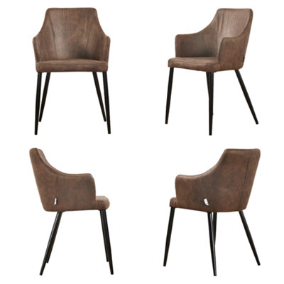 Set of 4 Brown Zarah Modern Faux Leather Dining Chairs with Armrests and Black Metal Legs, Comfortable Accent Chair